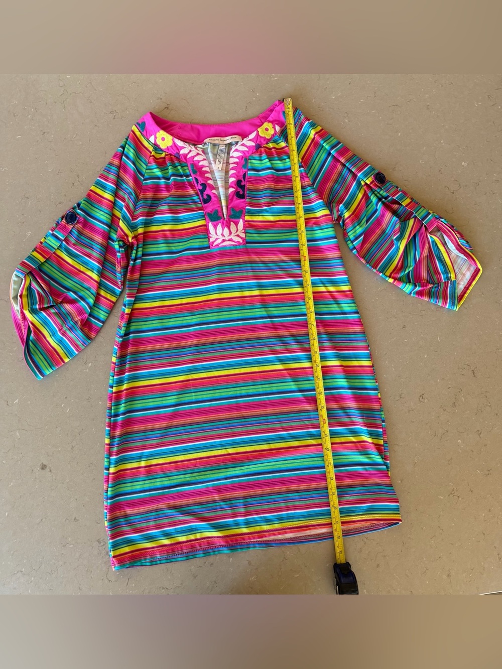 Nanette Laporte Swim Cover-Up Stripe Dress Embroidered Neck Adjustable Sleeves S